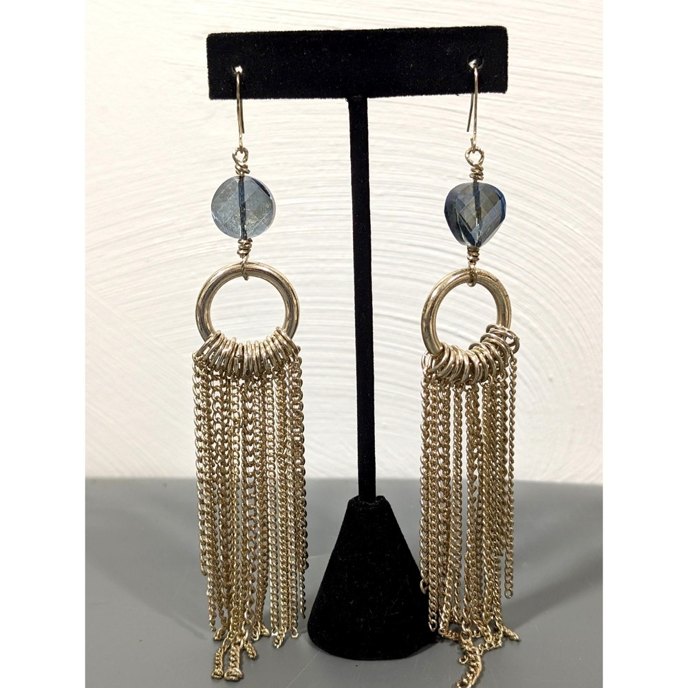 Long‎ Boho Fringe Earrings Gold Chain Tassel Drop Blue Glass Bead Statement